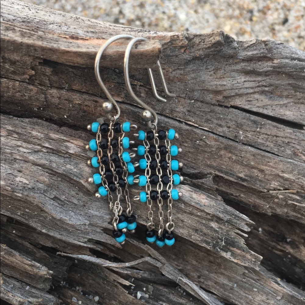 Turquoise,  Onyx Sterling Silver Hanging Earrings